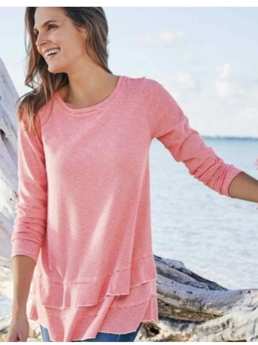 NWT Soft Surroundings Women's Tunic Top Petite Small Coral Striped Ruffle Hem